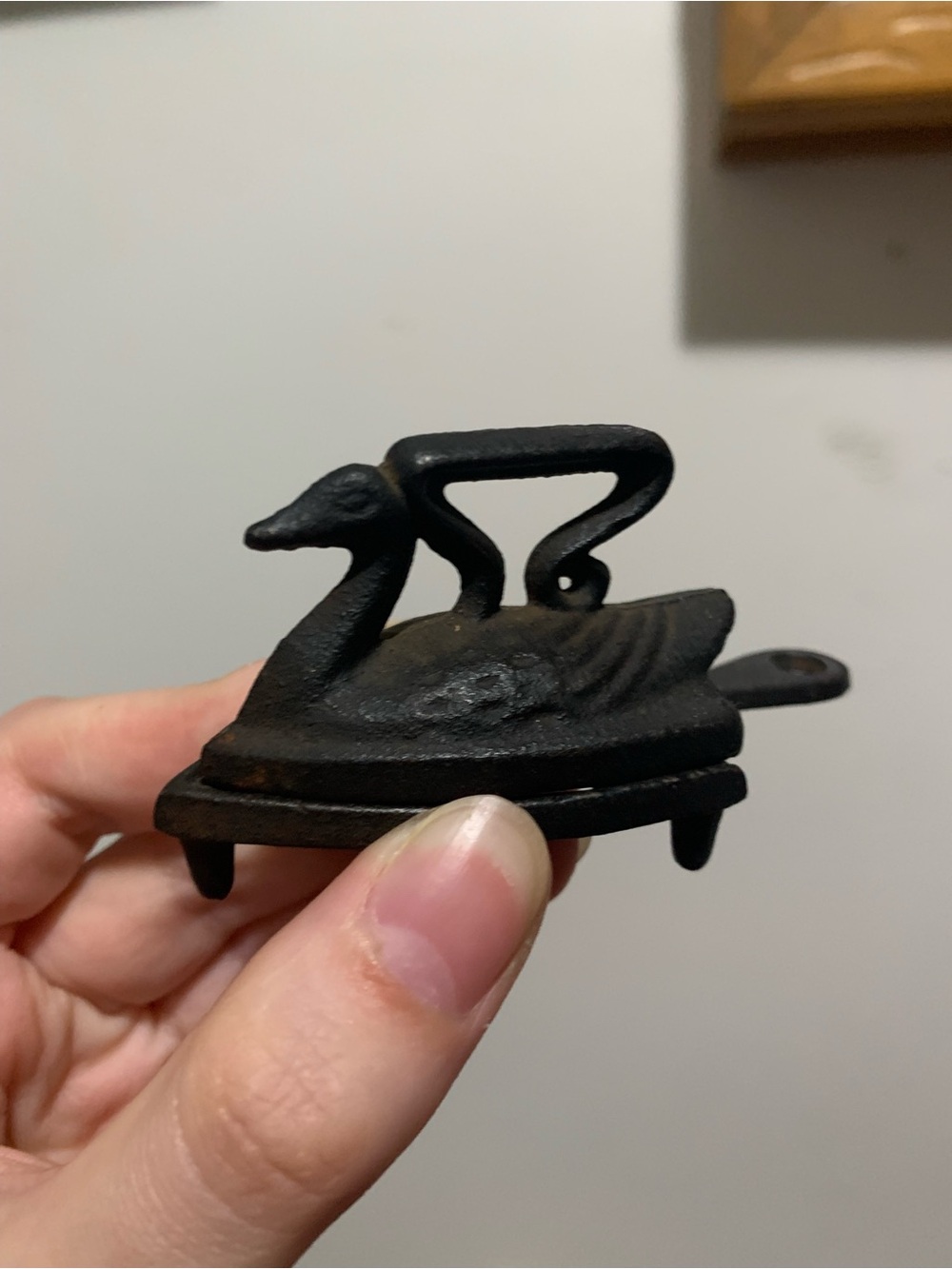 Vintage Miniature Cast Iron “iron art” In The Shape Of Swan/Duck with Trivet